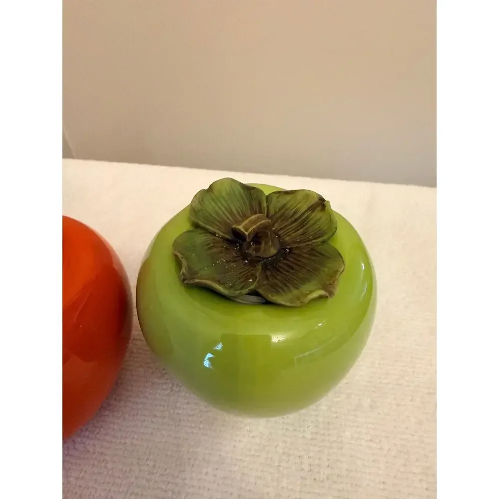 2PCS Kitchen Gift Persimmon Shaped Ceramic Storage Jar (Orange, Green) NWOT